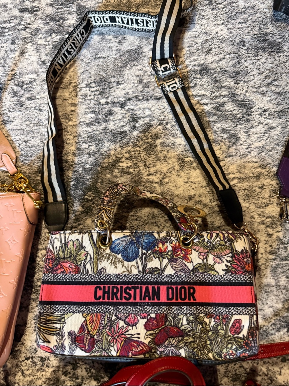 Dior Cream Floral Canvas Shoulder Bag with Pink Band